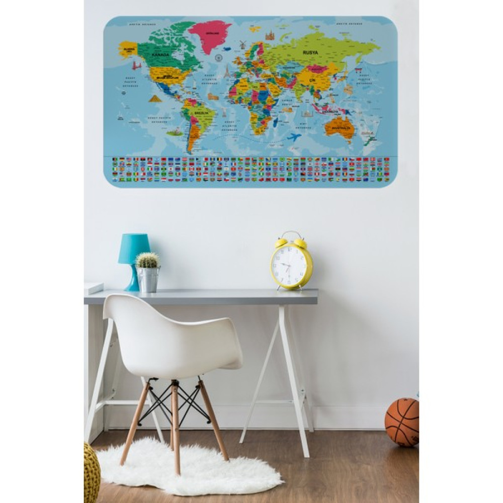 Lila Fil Dünya Haritası Eğitici Öğretici Ülke Bayraklı Türkçe Harita Çocuk Odası Genç Odası Duvar Sticker - Karışık-Çok Renkli - 65 x 100 Harita & Küre Fiyatı