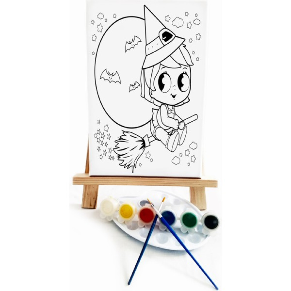 Lila Fil Minik Cadı Çocuk Ressam Seti 20 x 30 cm Ön Çizimli Tuval 2 Adet Fırça Palet Boyalar ve Şövale Sanatsal Malzemeler Fiyatı