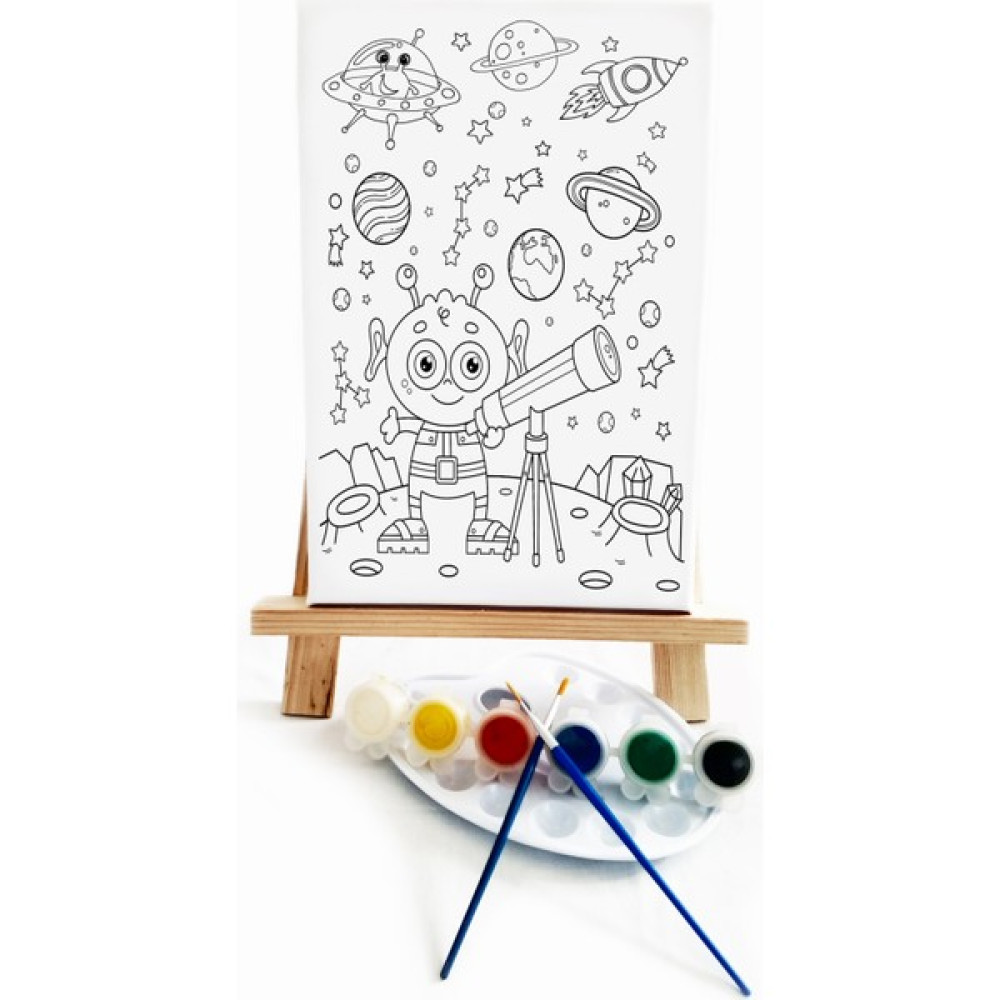 Lila Fil Sevimli Uzaylı Çocuk Ressam Seti 20 x 30 cm Ön Çizimli Tuval 2 Adet Fırça Palet Boyalar ve Şövale Sanatsal Malzemeler Fiyatı