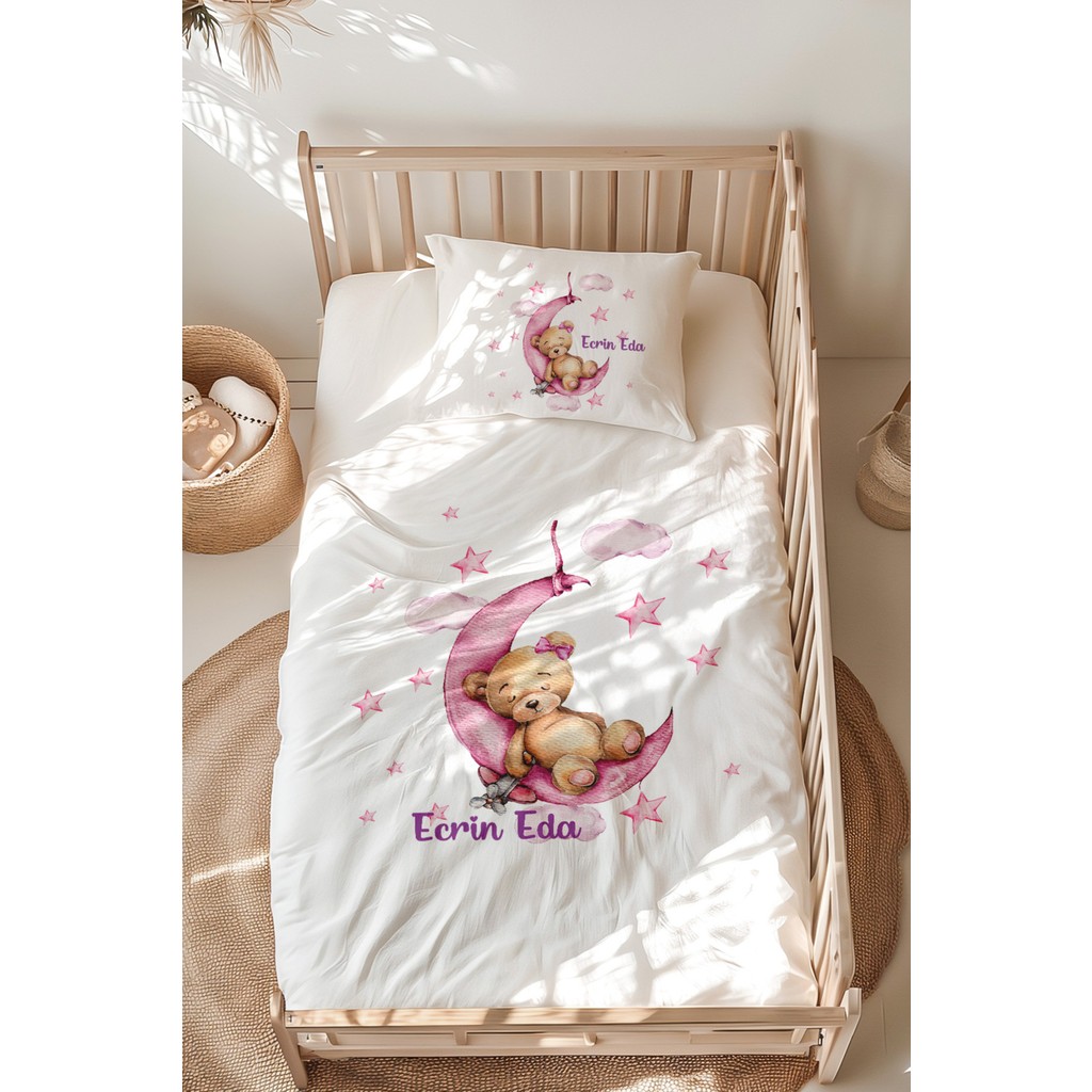 Lilabio %100 Pamuk Isme Özel Isimli Montessori Yatak Nevresim Takımı (100X200 Cm) Ayıcık - Beyaz - 100 x 200 cm Nevresim Takımı Fiyatı