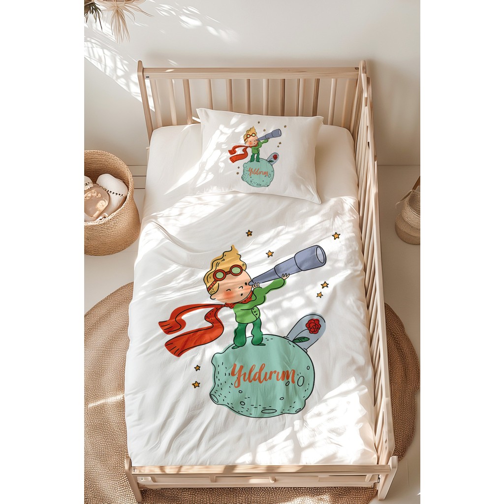Lilabio %100 Pamuk Isme Özel Isimli Montessori Yatak Nevresim Takımı (100X200 Cm) Küçük Prens - Beyaz - 100 x 200 cm Nevresim Takımı Fiyatı