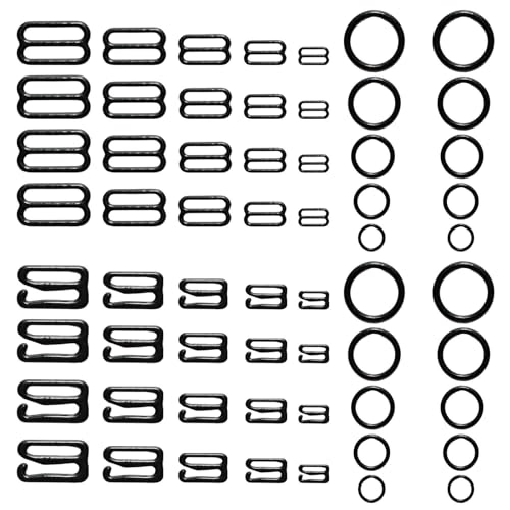 Lilaly 60 Pcs 8mm 10mm 12mm 15mm 20mm Bra Hooks for Straps 3 Styles Sewing Hooks Bra Rings and Sliders for Bra Straps(Black)