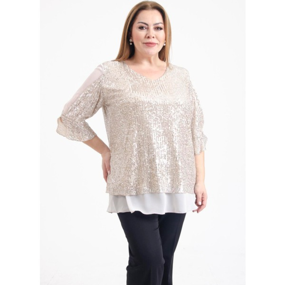 Lilas Xxl Büyük Beden Bej Renkli Pul Payetli Şifon Bluz Bluz Fiyatı