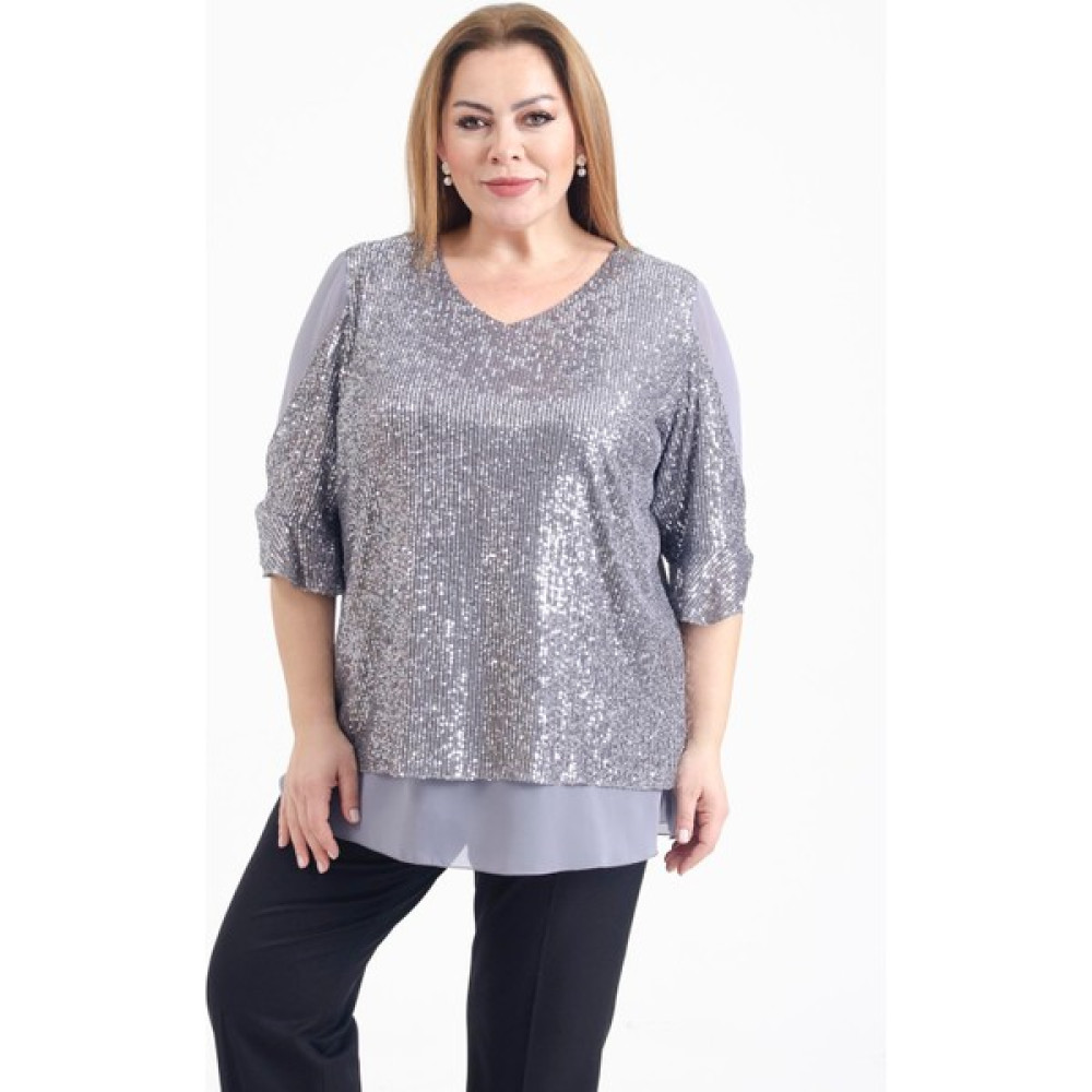 Lilas Xxl Büyük Beden Gri Renkli Pul Payetli Şifon Bluz Bluz Fiyatı
