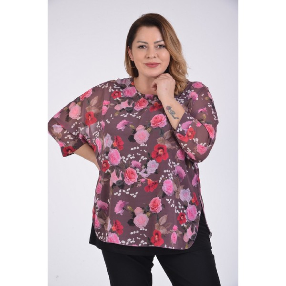Lilas Xxl Büyük Beden Gül Kurusu Desenli Şifon Bluz Bluz Fiyatı
