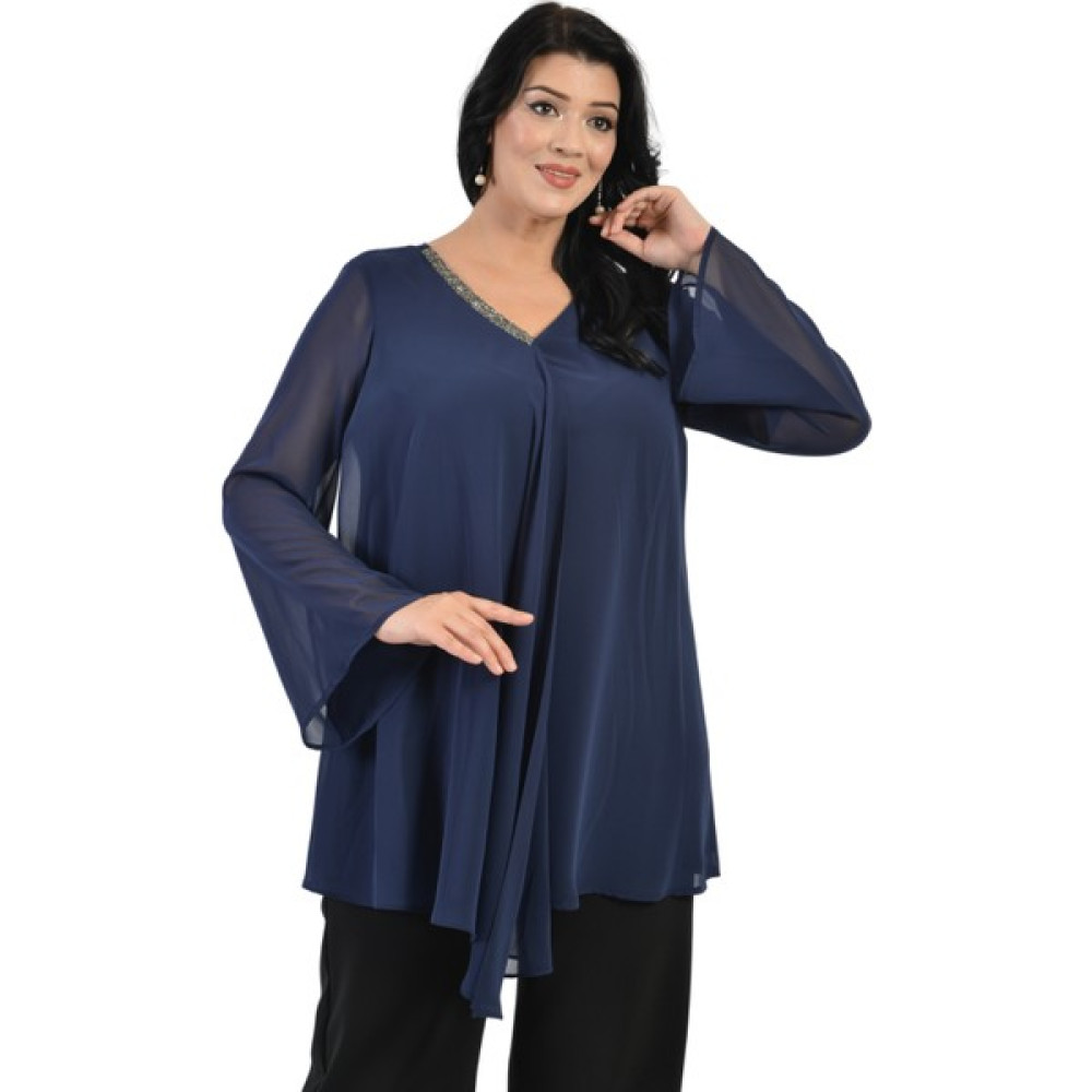 Lilas Xxl Büyük Beden Lacivert Renkli Şifon Abiye Bluz Bluz Fiyatı