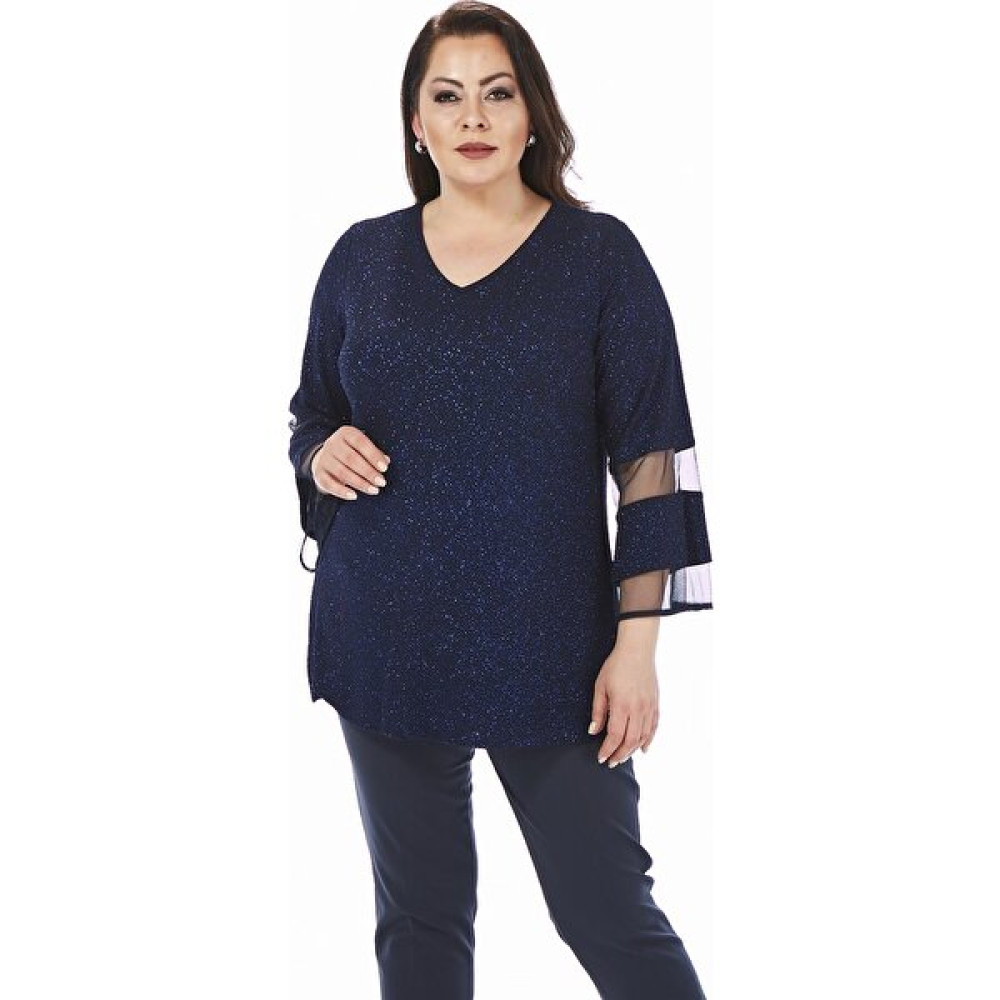 Lilas Xxl Büyük Beden Lacivert Renkli Volanlı Uzun Kollu Abiye Bluz Bluz Fiyatı