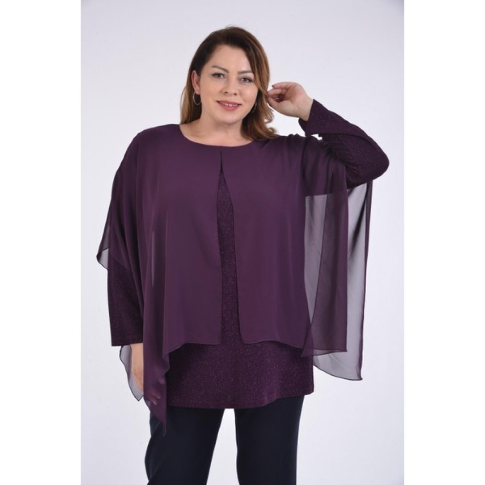 Lilas Xxl Büyük Beden Mürdüm Renkli Simli Uzun Kollu Abiye Bluz Bluz Fiyatı