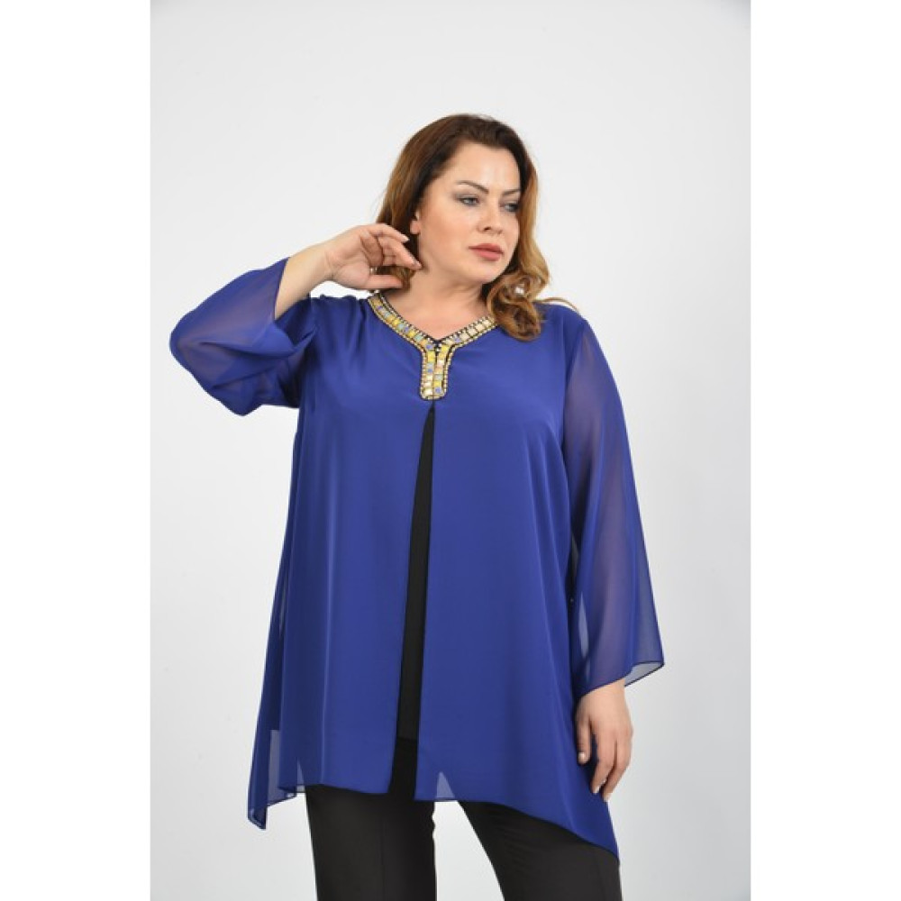 Lilas Xxl Büyük Beden Sax Renkli Yakası Taşlı Şifon Abiye Bluz Bluz Fiyatı
