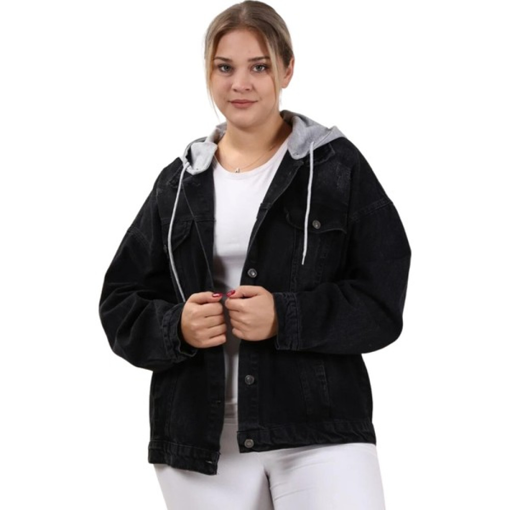Lilas Xxl Büyük Beden Siyah Renkli Çıkma Kapşonlu Oversize Kot Ceket Bayan Ceket Fiyatı