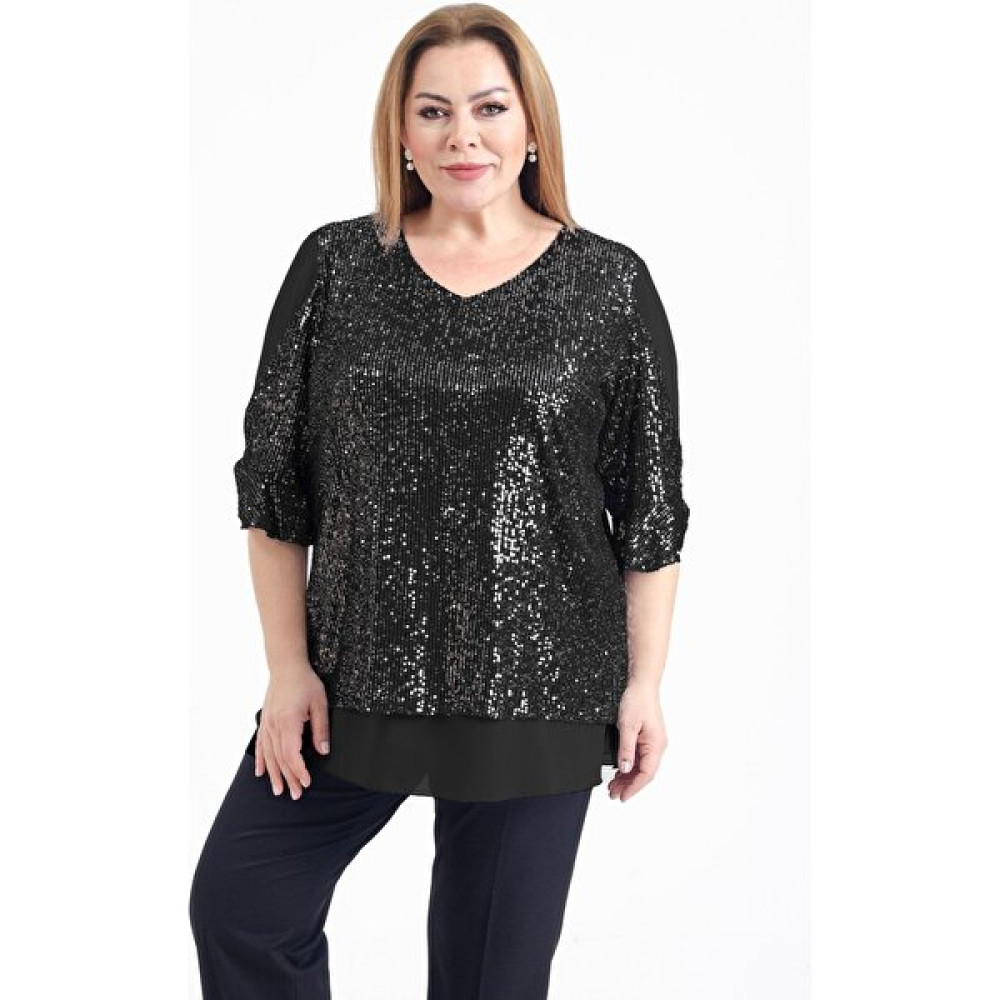 Lilas Xxl Büyük Beden Siyah Renkli Pul Payetli Şifon Bluz Bluz Fiyatı