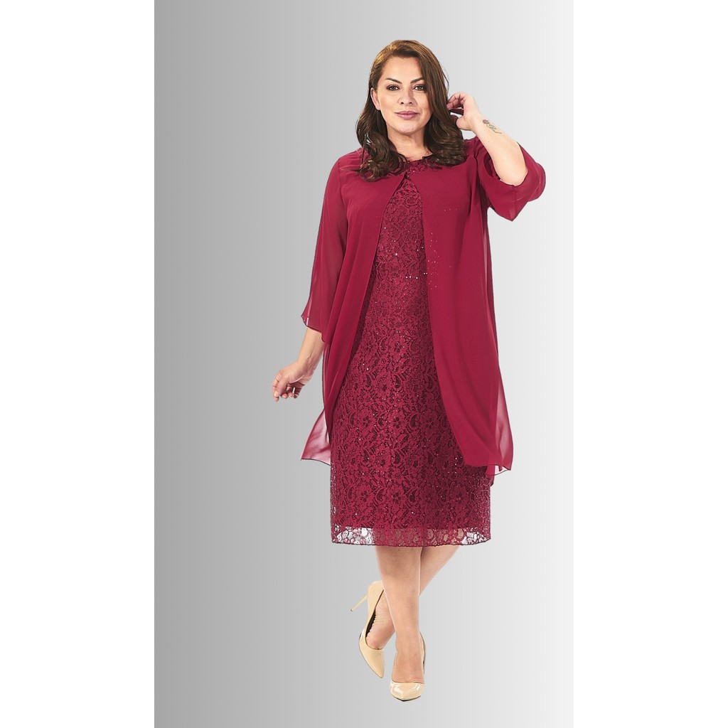 Lilas Xxl Büyük Beden Vişne Renkli Dantelli Dantelli Şifon Ceketli Elbise Elbise Fiyatı