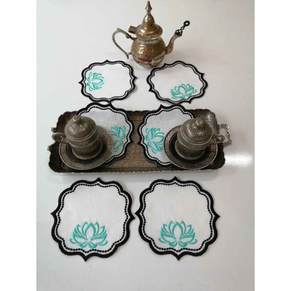 Lilida Home Lotus Desenli Kahve Sunum Peçetesi - Beyaz - Açık Mavi - 14 x 14 cm Amerikan Servis Fiyatı