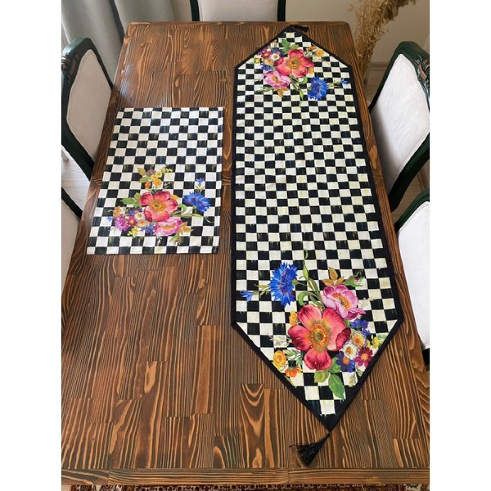 Lilies Atelier Mackenzie Model Damalı Çiçek Desen Üçgen Kesim Püsküllü Keten Runner ve Mutfak Havlusu Luxury Takım - 45 x 150 cm - Renkli Masa Örtüsü Fiyatı