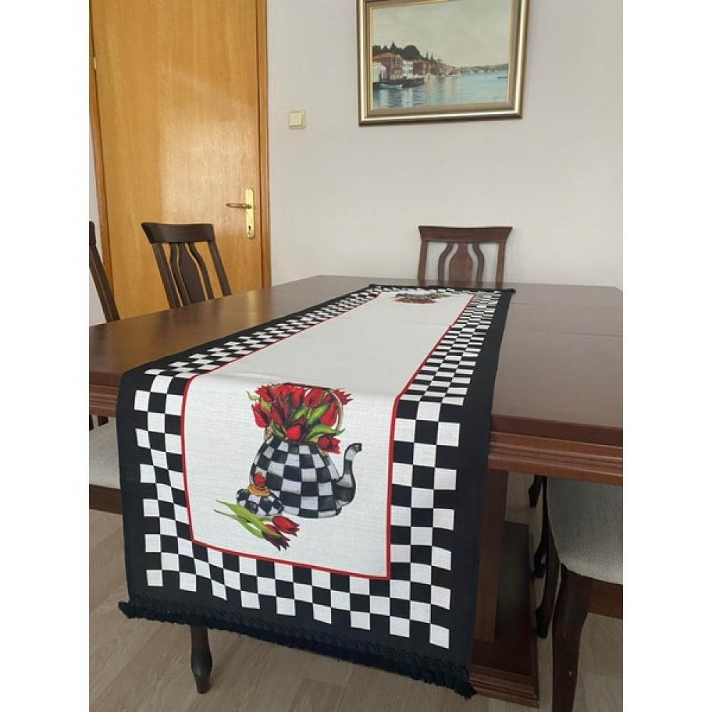 Lilies Atelier Mackenzie Model Damalı Düz Kesim Püsküllü Lale Desen Keten Runner Dertsiz Masa Örtüsü - Beyaz - Siyah - 45 x 150 cm Masa Örtüsü Fiyatı