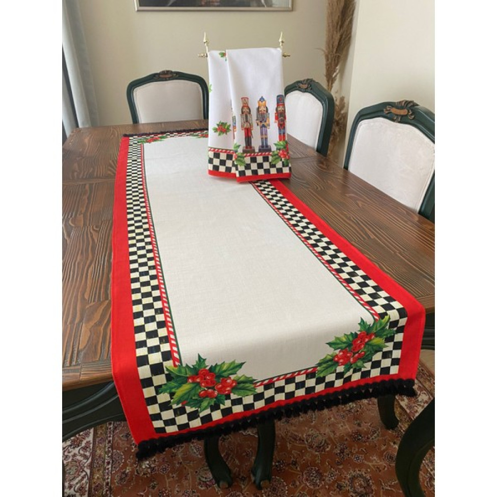 Lilies Atelier Mackenzie Model Damalı Kırmızı Kokina Yılbaşı Çiçeği 45 x 150 Runner ve 2 Adet Mutfak Havlusu - Beyaz - Kırmızı - 45 x 150 cm Masa Örtüsü Fiyatı