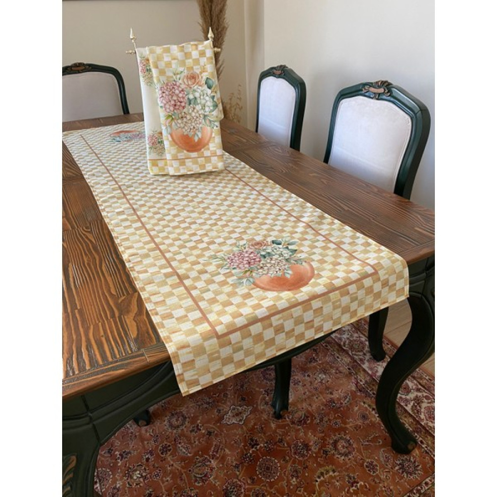 Lilies Atelier Mackenzie Model Damalı Ortanca Keten Runner ve Sarı Ortanca Buketi Desen 2 Adet Mutfak Havlusu - 45 x 150 cm Masa Örtüsü Fiyatı