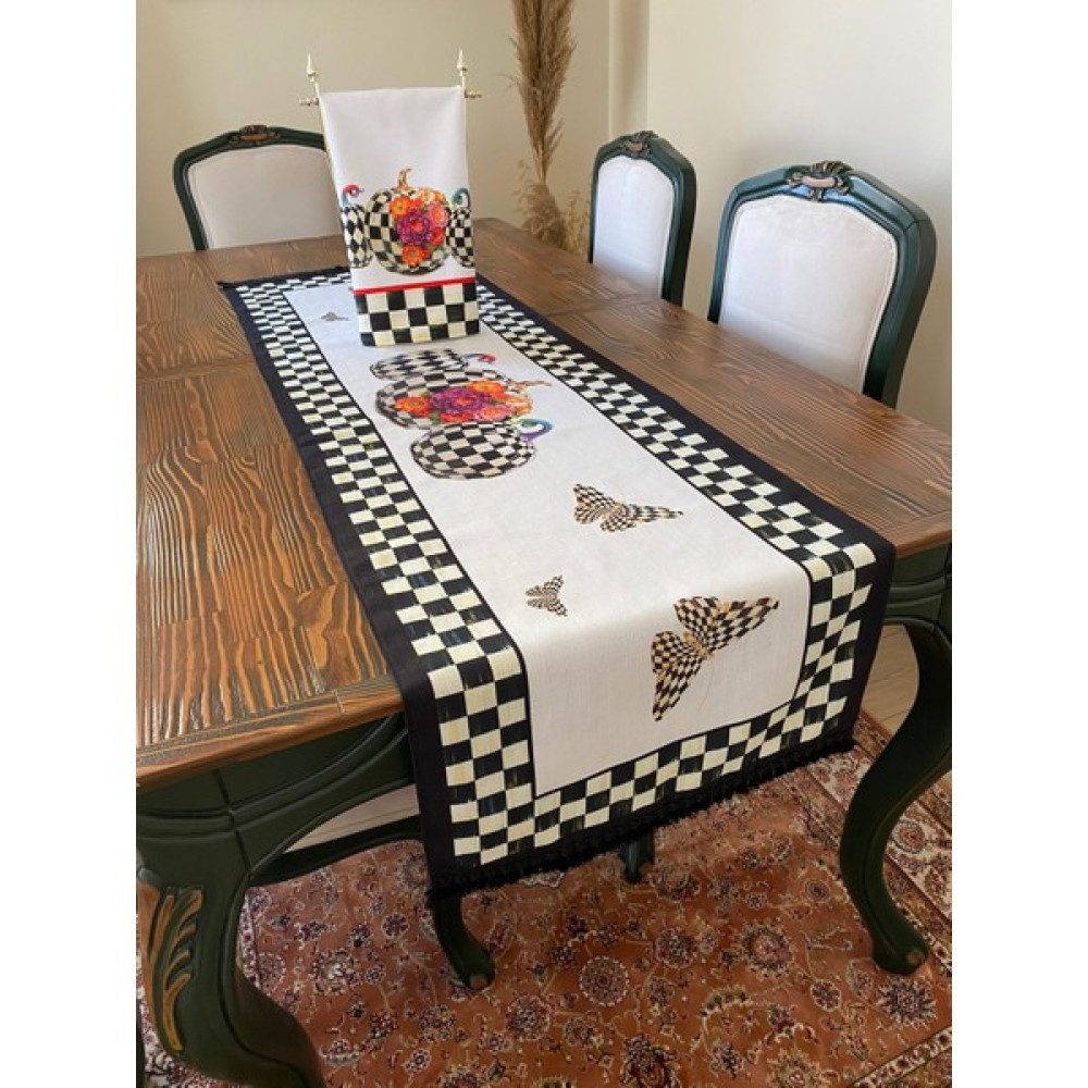 Lilies Atelier Mackenzie Model Damalı Püsküllü Beyaz Balkabağı Kelebek Desen Keten Runner ve Mutfak Havlusu - 45 x 150 cm - Siyah - Beyaz Masa Örtüsü Fiyatı