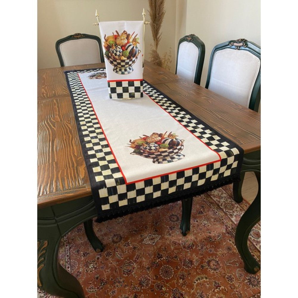 Lilies Atelier Mackenzie Model Damalı Püsküllü Beyaz Balkabağı Runner ve Balkabağı Mutfak Havlusu Luxury Dekor - Beyaz - Siyah - 45 x 150 cm Masa Örtüsü Fiyatı