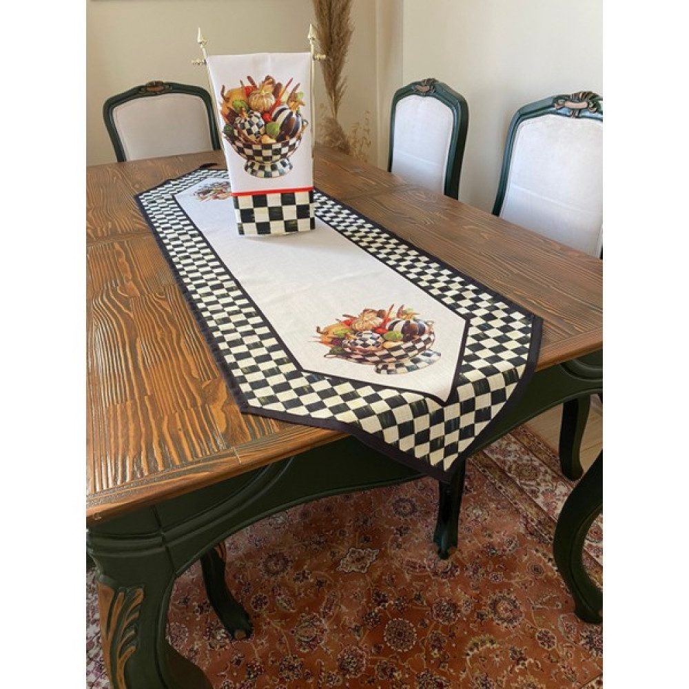 Lilies Atelier Mackenzie Model Damalı Püsküllü Üçgen Beyaz Balkabağı Runner ve Balkabağı Mutfak Havlusu Luxury Dekor - Beyaz - Siyah - 45 x 150 cm Masa Örtüsü Fiyatı