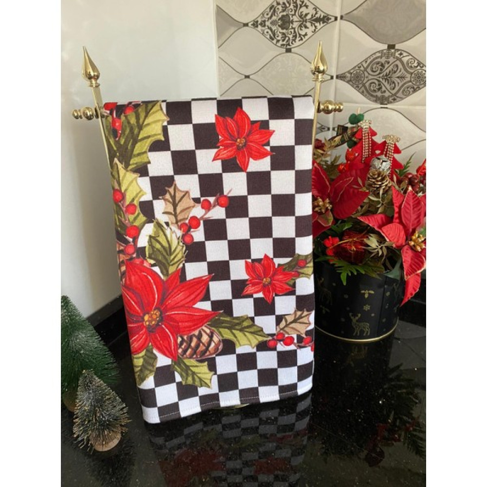 Lilies Atelier Mackenzie Model Damalı Yılbaşı Tatil Çiçeği Kokina Desen Mutfak Havlusu Luxury Noel Dekor Süsleri - Siyah - Beyaz - 1 Adet Mutfak Tekstili Fiyatı