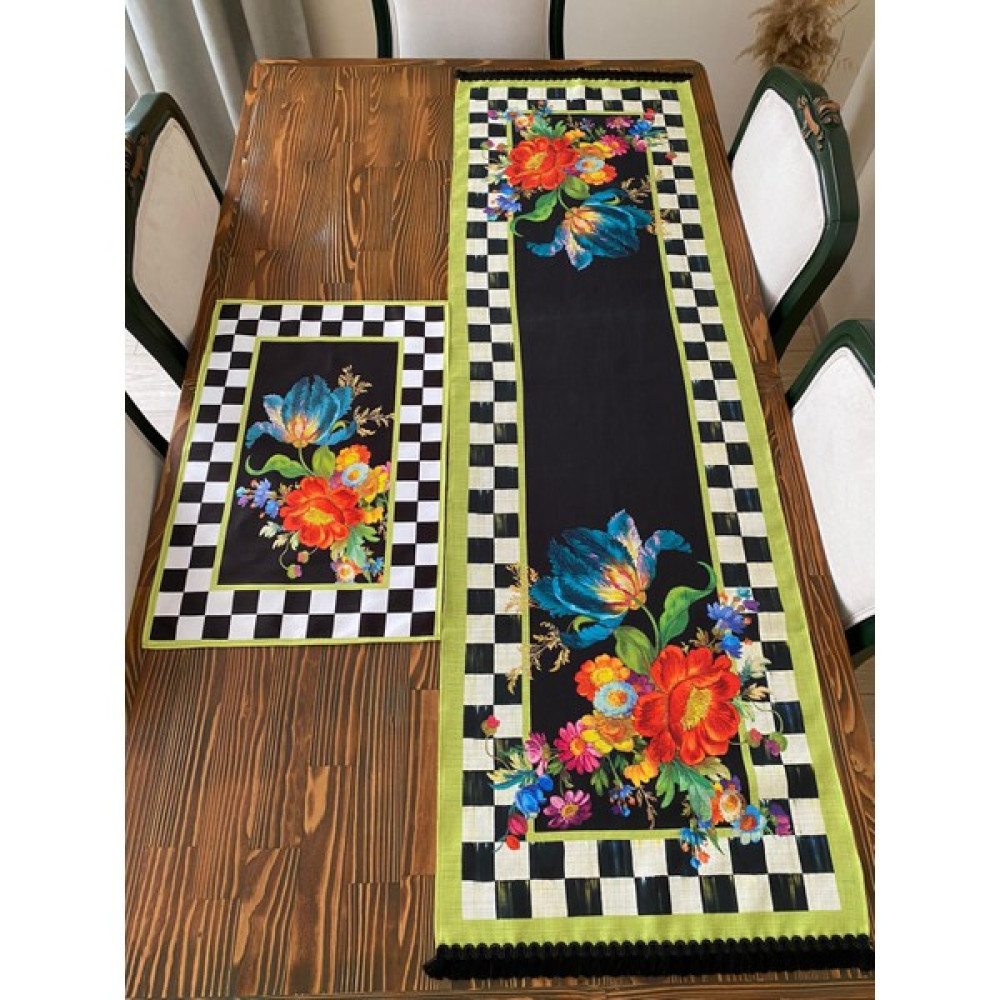 Lilies Atelier Mackenzie Model Keten Damalı Yeşil Çiçekli Siyah Püsküllü Runner ve Mutfak Havlusu Takım Luxury Dekor - Siyah - Beyaz - 45 x 150 cm Masa Örtüsü Fiyatı