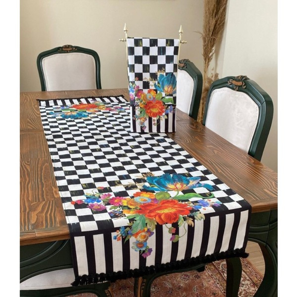 Lilies Atelier Mackenzie Model Siyah Damalı Çizgili Çiçek Desen 45 x 150 cm Runner ve Mutfak Havlusu Takım Luxury Dekor - Siyah - Beyaz Masa Örtüsü Fiyatı