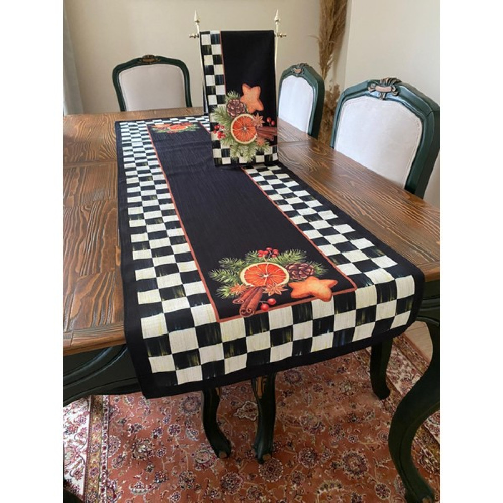 Lilies Atelier Mackenzie Model Siyah Yılbaşı Süsleri Yıldız Tarçın Desen 45 x 150 cm Runner ve Mutfak Havlusu Takım - Siyah - Beyaz Masa Örtüsü Fiyatı