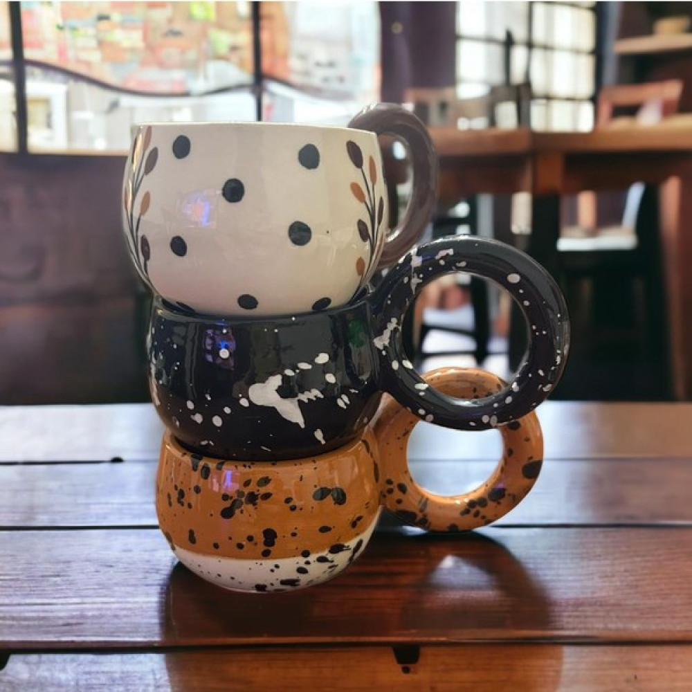 Lilies Atelier Ponsetya Ceramic & Lilies Atelier Kahverengi Bohem 3 Adet Puantiyeli El Yapımı Mug Kupa Set 120 ml - Kahverengi - Turuncu Oto Boyaları Fiyatı