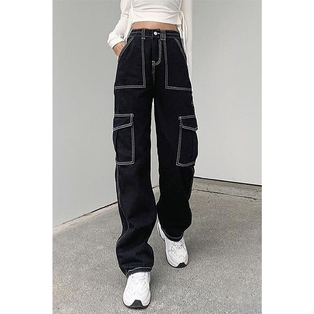 LİMABEL Kadın Yüksek Bel Beyaz Dikişli Siyah Kargo Cep Jeans Kargo Cep Palazzo 26 Beden Kadın Pantolon Fiyatı