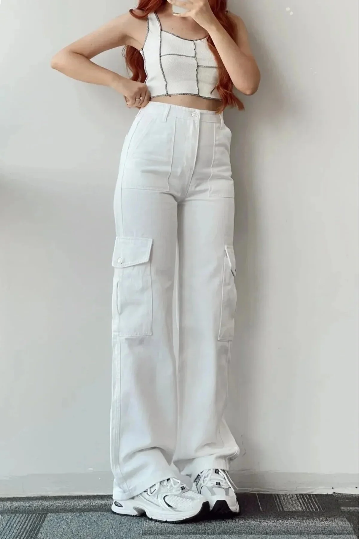 LİMABEL Yüksek Bel Kargo Cepli Beyaz Jeans Kadın Çok Cepli Kargo Kot Pantolon 24 Beden Kadın Pantolon Fiyatı