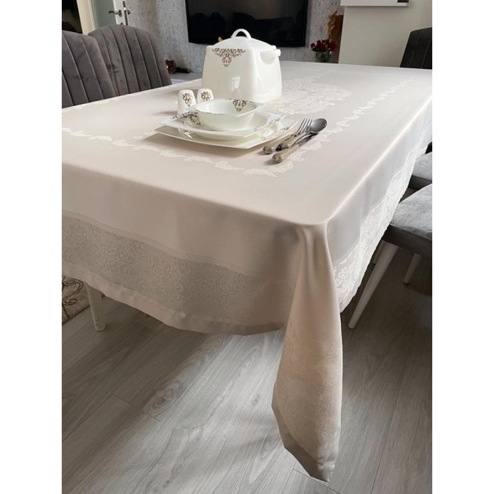 Limay Teflon Kumaş Masa Örtüsü Sıvı Geçirmez Yıkanabilir Dantel Görünümlü - 140 x 180 cm - Bej Masa Örtüsü Fiyatı
