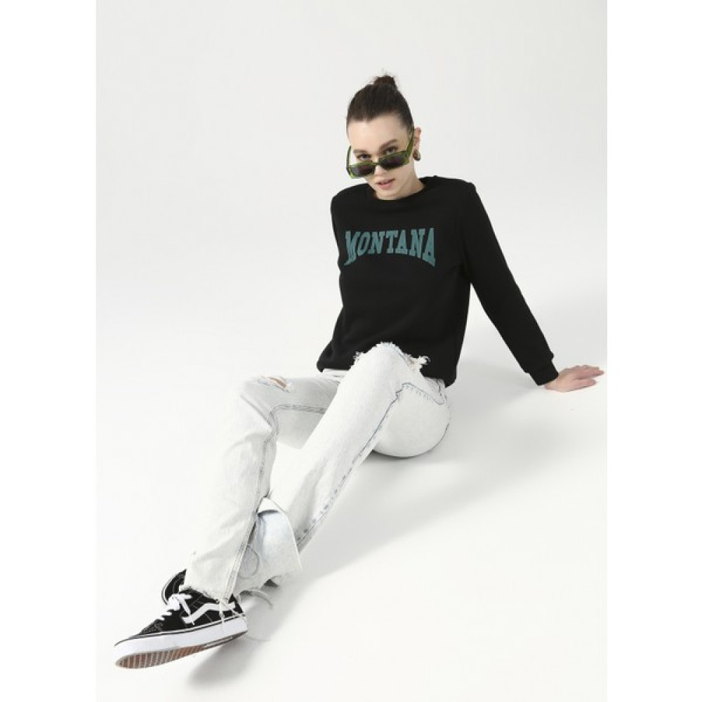 Limon Bisiklet Yaka Baskılı Siyah Kadın Sweatshirt Monısa Bayan Sweatshirt Fiyatı