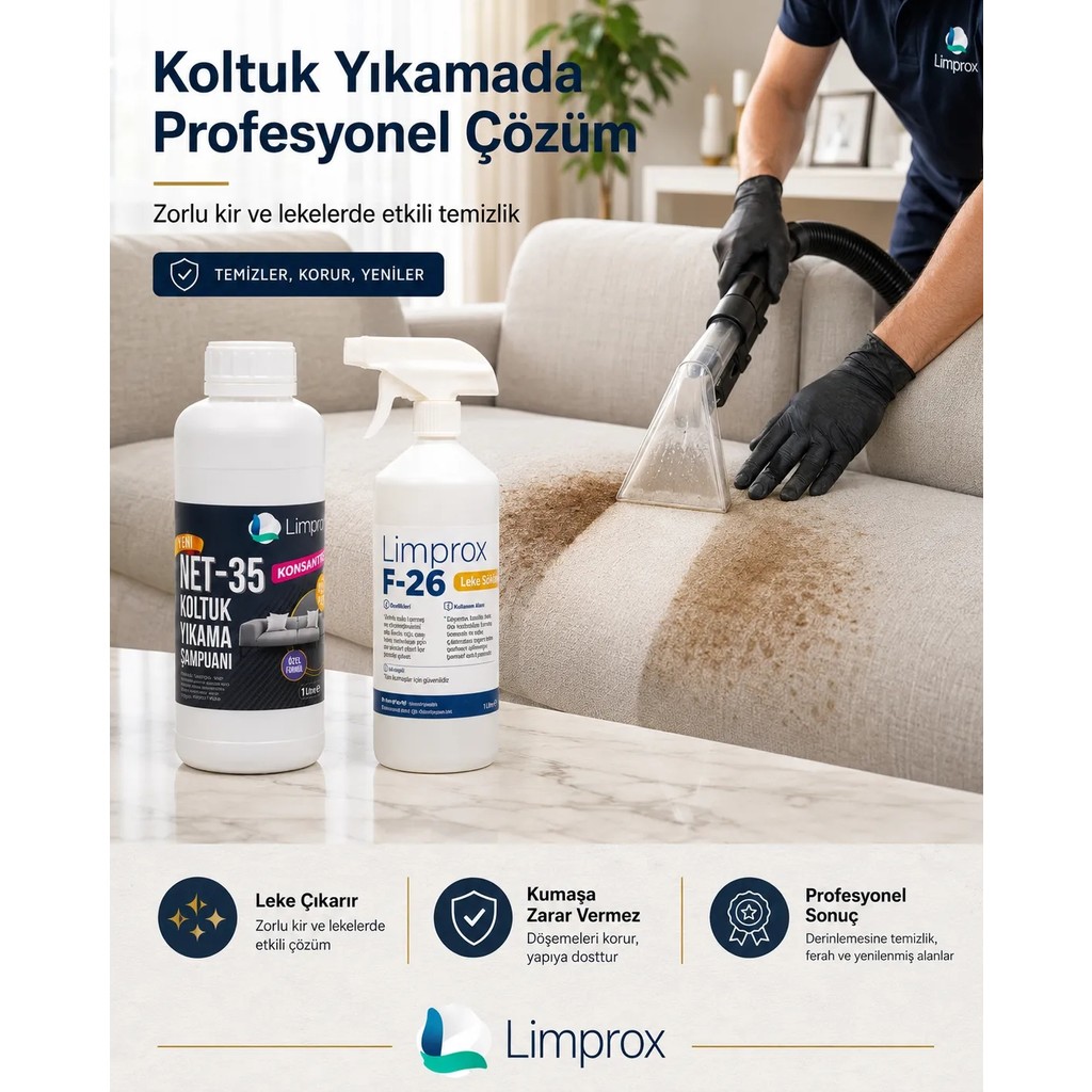 Limprox Net- 35 Halı Koltuk Köpüksüz Deterjanı Şampuanı Ilacı 1 Litre - Genel Leke Çıkarıcı F- 26 Litre Koltuk Fiyatı