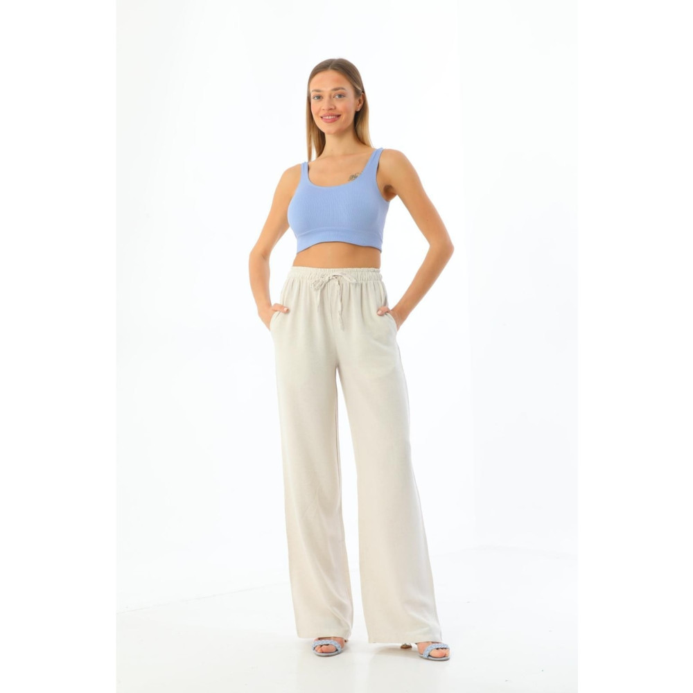 Lin Collection Kadın Natural Bej Beli Lastikli Cepli Keten Pantolon M Beden Kadın Pantolon Fiyatı