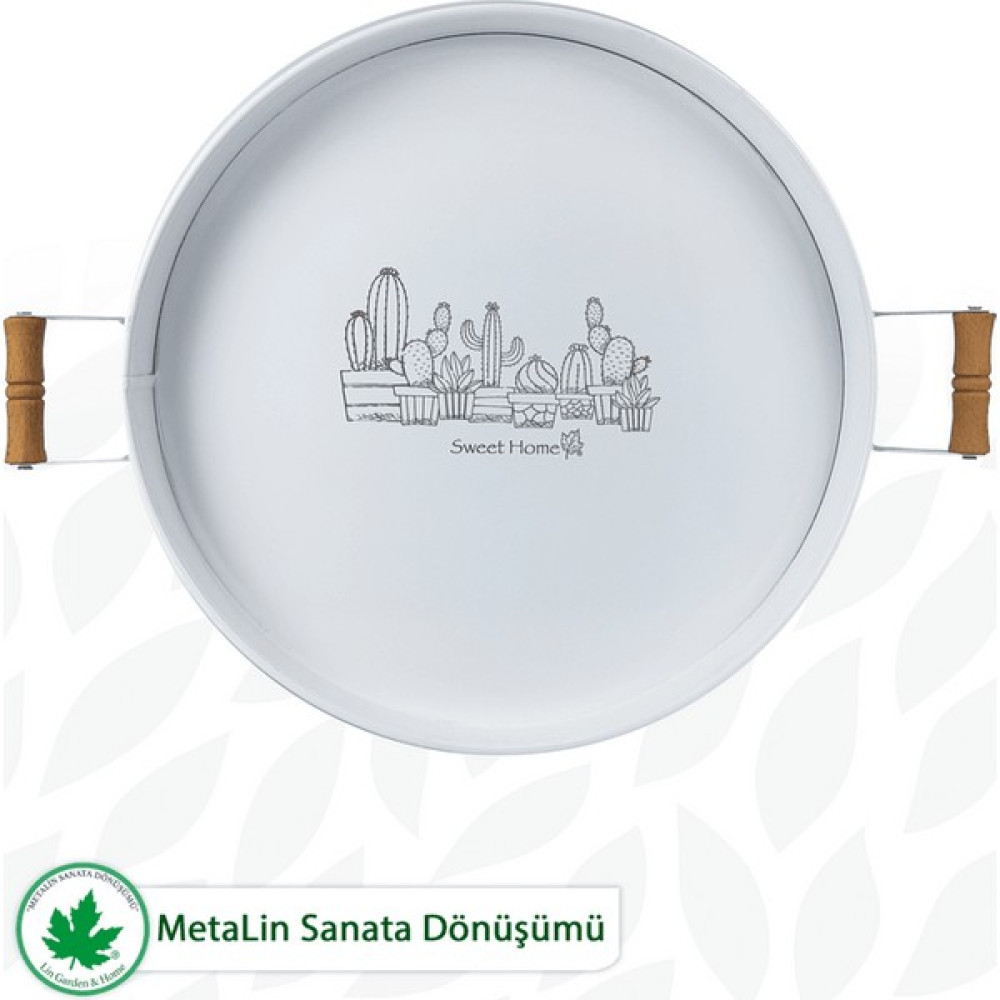 Lin Metal Ahşap Kulplu Yuvarlak Metal Servis Tepsisi 37CM, Kahve Tepsisi, Sunum Tepsisi (Kaktüs Baskılı) - Beyaz Servis Tepsisi Fiyatı