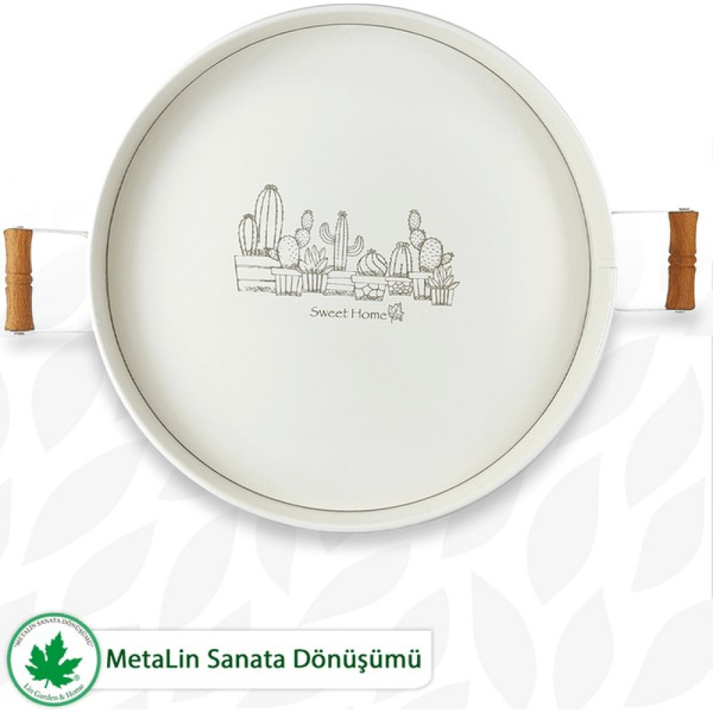 Lin Metal Ahşap Kulplu Yuvarlak Metal Servis Tepsisi 37CM, Kahve Tepsisi, Sunum Tepsisi (Kaktüs Baskılı) - Krem Servis Tepsisi Fiyatı