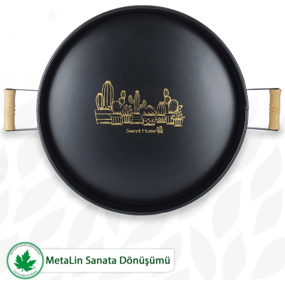 Lin Metal Ahşap Kulplu Yuvarlak Metal Servis Tepsisi 37CM, Kahve Tepsisi, Sunum Tepsisi (Kaktüs Baskılı) - Siyah Servis Tepsisi Fiyatı