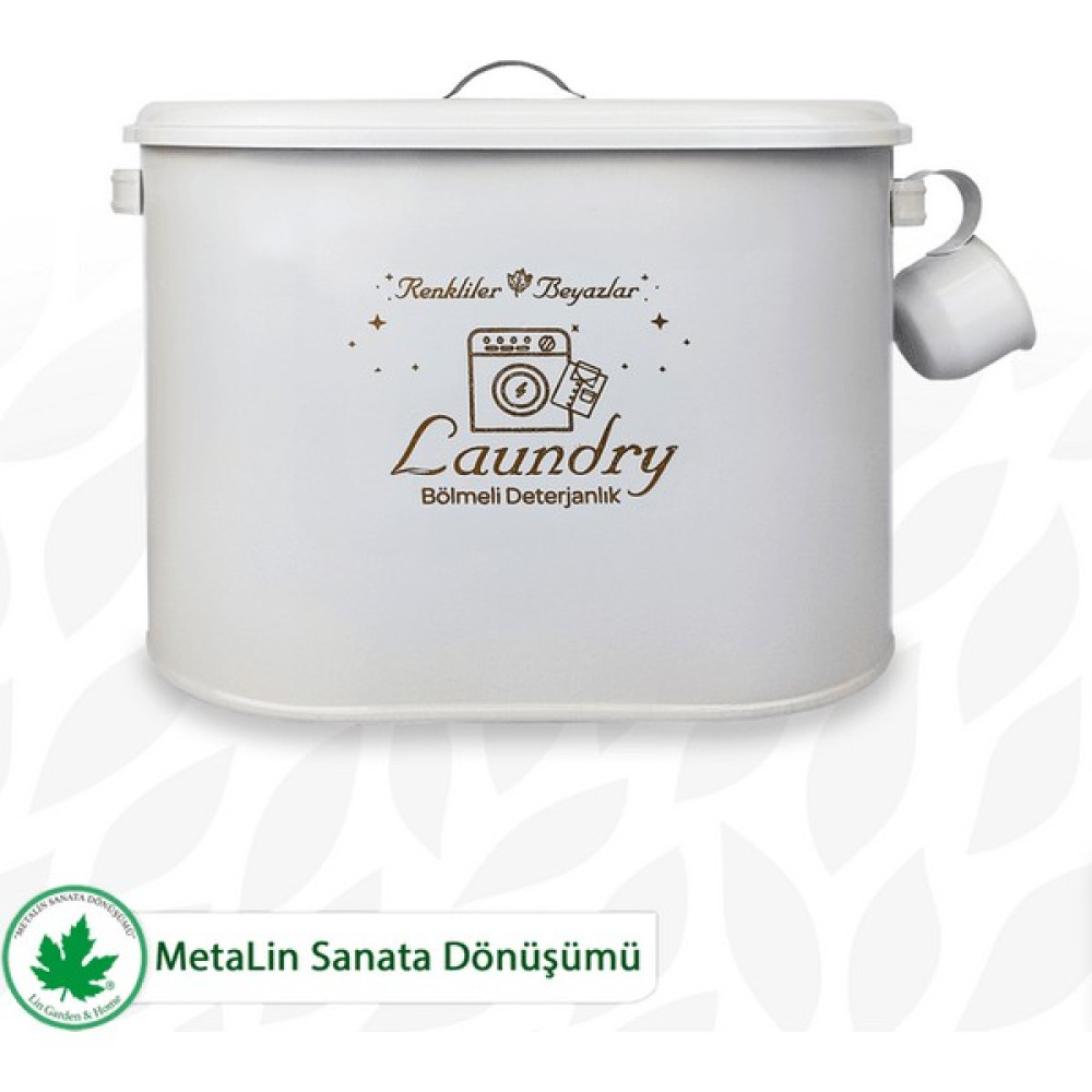 Lin Metal Bölmeli Metal Kapaklı Ölçekli Deterjanlık, Toz Deterjanlık Saklama, Banyo Düzenleyici, (Laundry Baskılı) LN1258 - Beyaz Banyo Aksesuarları Fiyatı