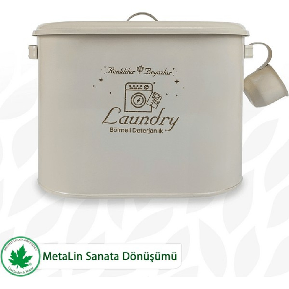 Lin Metal Bölmeli Metal Kapaklı Ölçekli Deterjanlık, Toz Deterjanlık Saklama, Banyo Düzenleyici, (Laundry Baskılı) LN1258 - Krem Banyo Aksesuarları Fiyatı