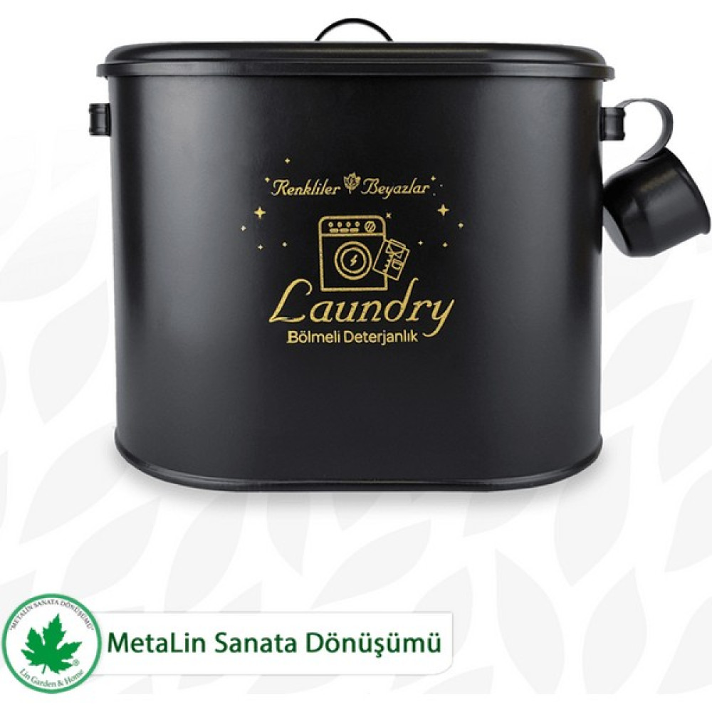 Lin Metal Bölmeli Metal Kapaklı Ölçekli Deterjanlık, Toz Deterjanlık Saklama, Banyo Düzenleyici, (Laundry Baskılı) LN1258 - Siyah Banyo Aksesuarları Fiyatı