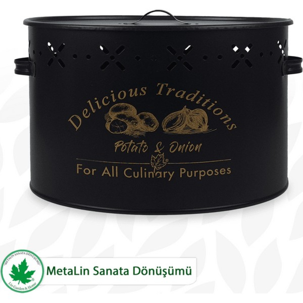 Lin Metal Büyük Boy Bölmeli Patates Soğan Kovası Metal Kapaklı Sebzelik (Delicious Traditions Baskılı) LN1000 - Siyah Saklama Kapları Fiyatı