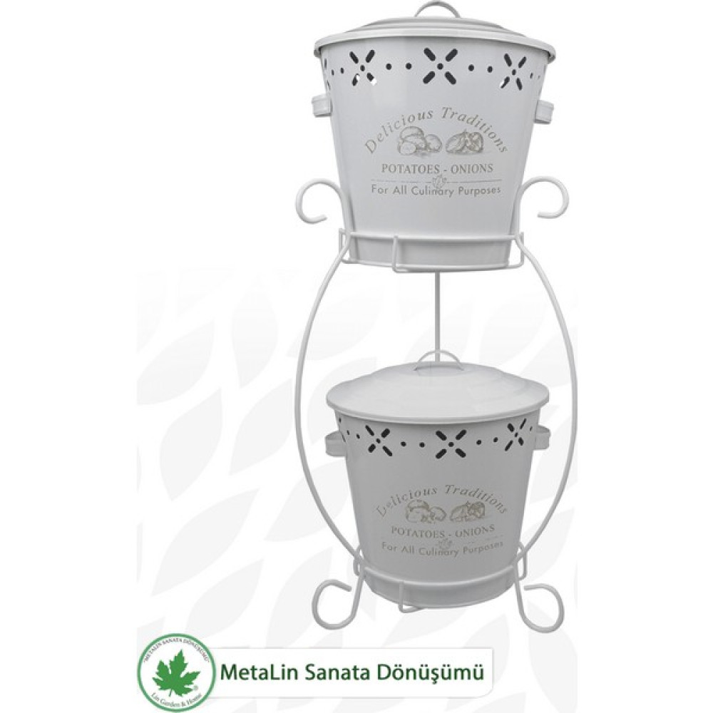 Lin Metal Iki Katlı Konik Metal Patates Soğan Kovası, Saklama Kabı, Organizer, Sebzelik (Delicious Traditions Baskılı) LN1019 - Beyaz Saklama Kapları Fiyatı