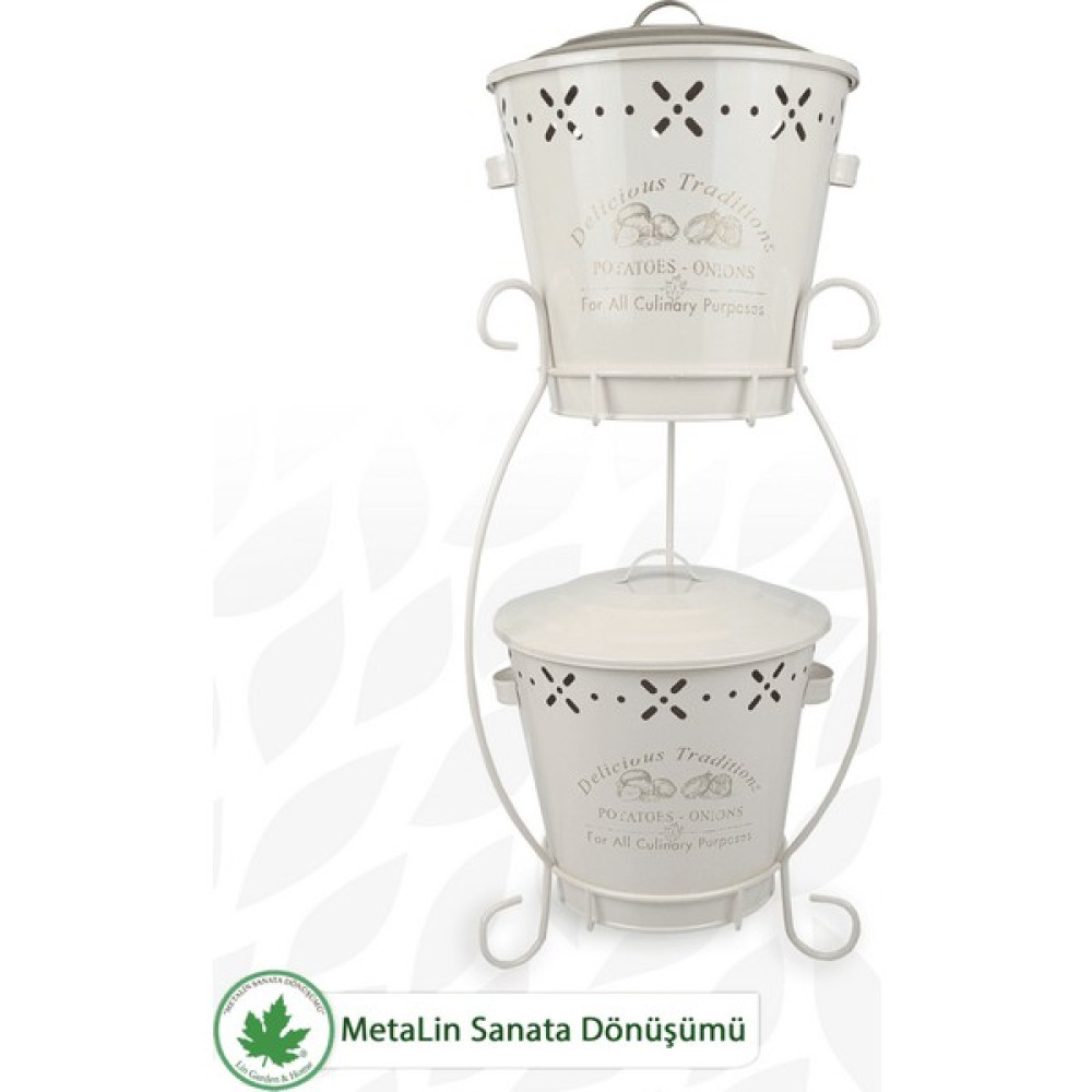 Lin Metal Iki Katlı Konik Metal Patates Soğan Kovası, Saklama Kabı, Organizer, Sebzelik (Delicious Traditions Baskılı) LN1019 - Krem Saklama Kapları Fiyatı