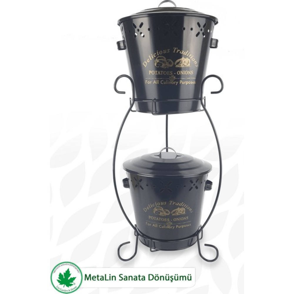 Lin Metal Iki Katlı Konik Metal Patates Soğan Kovası, Saklama Kabı, Organizer, Sebzelik (Delicious Traditions Baskılı) LN1019 - Siyah Saklama Kapları Fiyatı