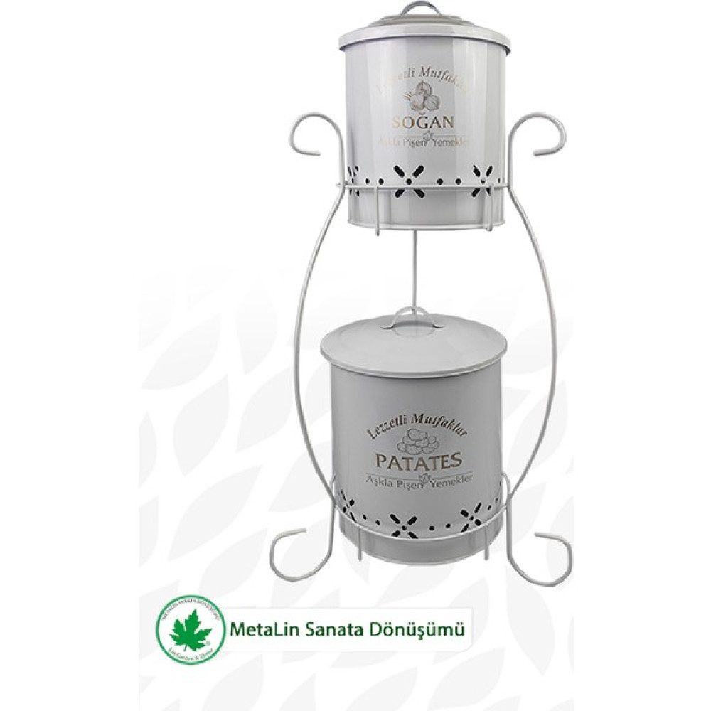 Lin Metal Iki Katlı Silindir Metal Patates Soğan Kovası, Saklama Kabı, Sebzelik Mini (Lezzetli Mutfaklar-Aşkla Pişen Yemekler Baskılı) LN1202 - Beyaz Saklama Kapları Fiyatı