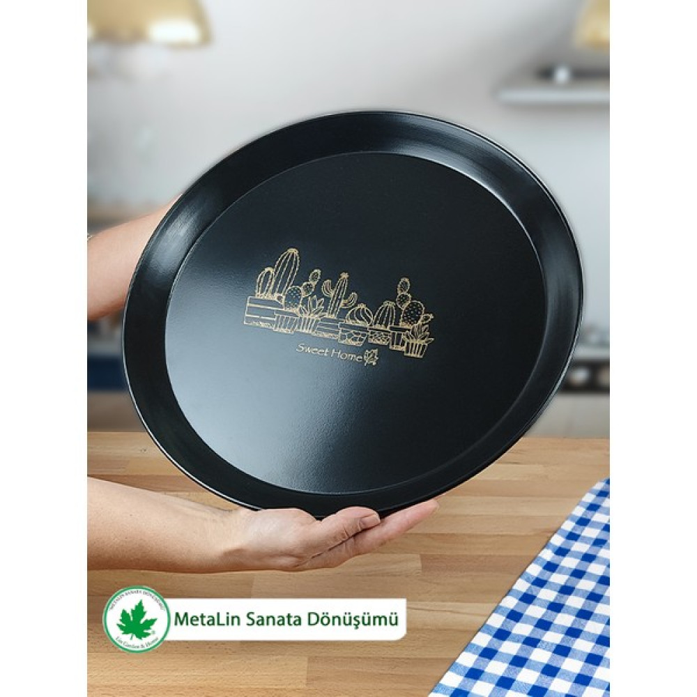 Lin Metal Metal Yuvarlak Servis Tepsisi 38CM, Kulpsuz Tepsi, Sunum Tepsisi, Çay Kahve Tepsisi (Kaktüs Baskılı) - Siyah Servis Tepsisi Fiyatı