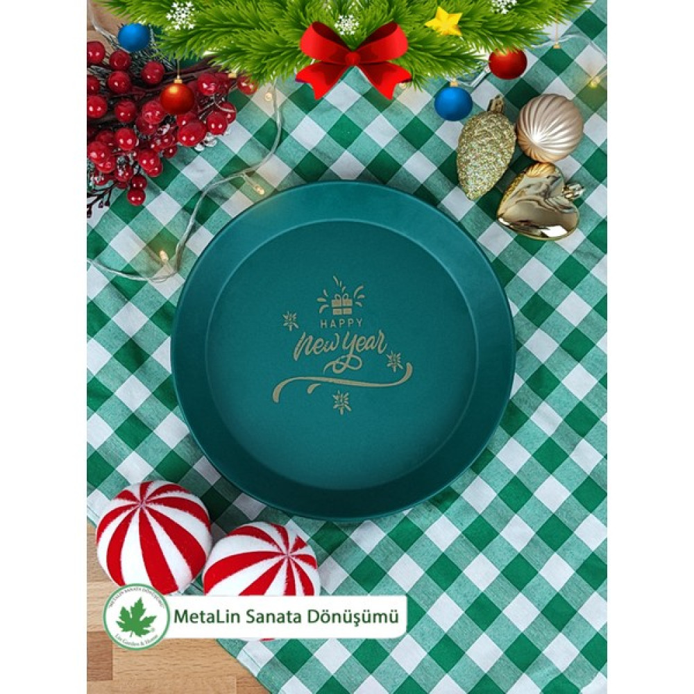 Lin Metal Yeşil Yılbaşı Sunum Tepsi 24 Cm, Servis Tepsisi, Kahve Tepsisi, Ikram Tepsisi, Happy New Year Baskılı Servis Tepsisi Fiyatı