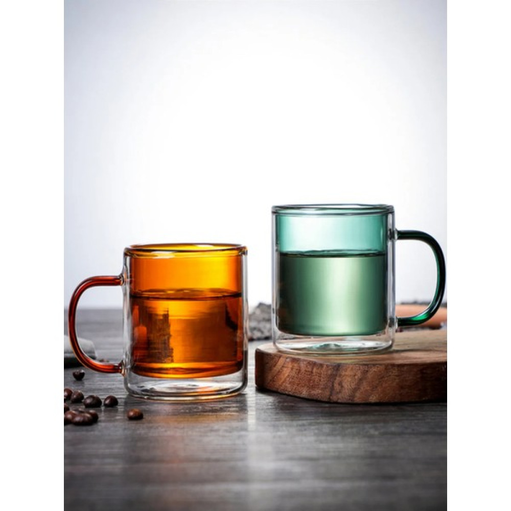 Linan Ware 2'li Çift Cidarlı Borosilikat Cam Nostaljik Kahverengi&yeşil Kupa Bardak 350 ml - Renkli Fincan / Bardak / Kahve Takımı Fiyatı