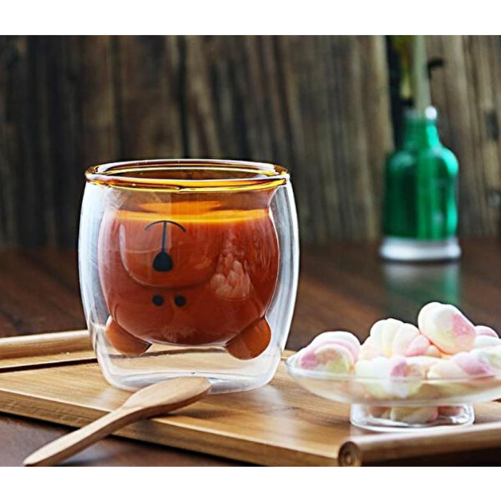 Linan Ware Kahverengi Ayıcık Karakterli Çift Cidarlı Bardak 250 ml - Şeffaf Fincan / Bardak / Kahve Takımı Fiyatı